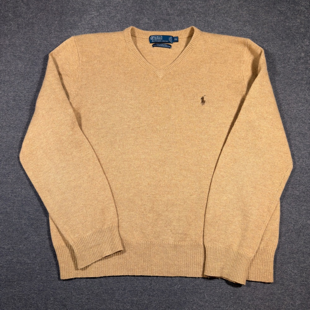 Polo Ralph Lauren Sweater Mens XL Tan V-Neck 100% Lambswool Italian Yarn Pony